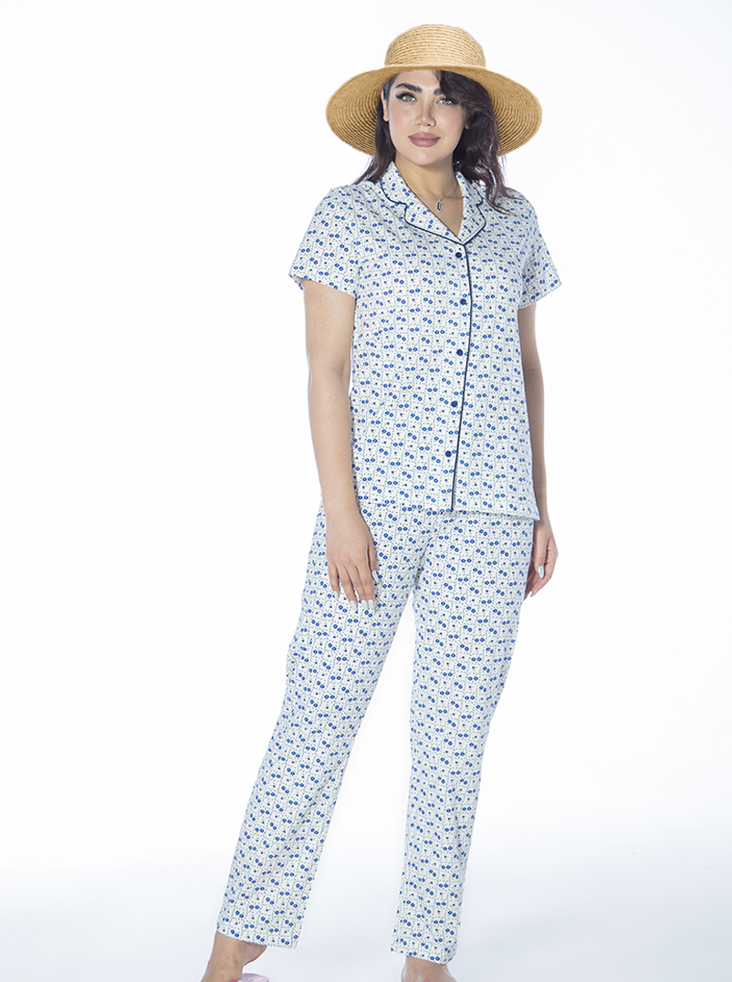 ست زنانه کت آستین کوتاه و پیژامه گل های آبی