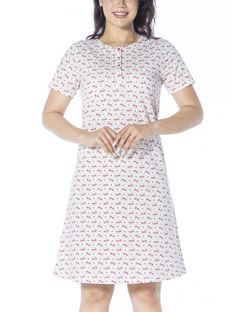 پیراهن زنانه آستین کوتاه  یقه دکمه دار طرح گل های صورتی