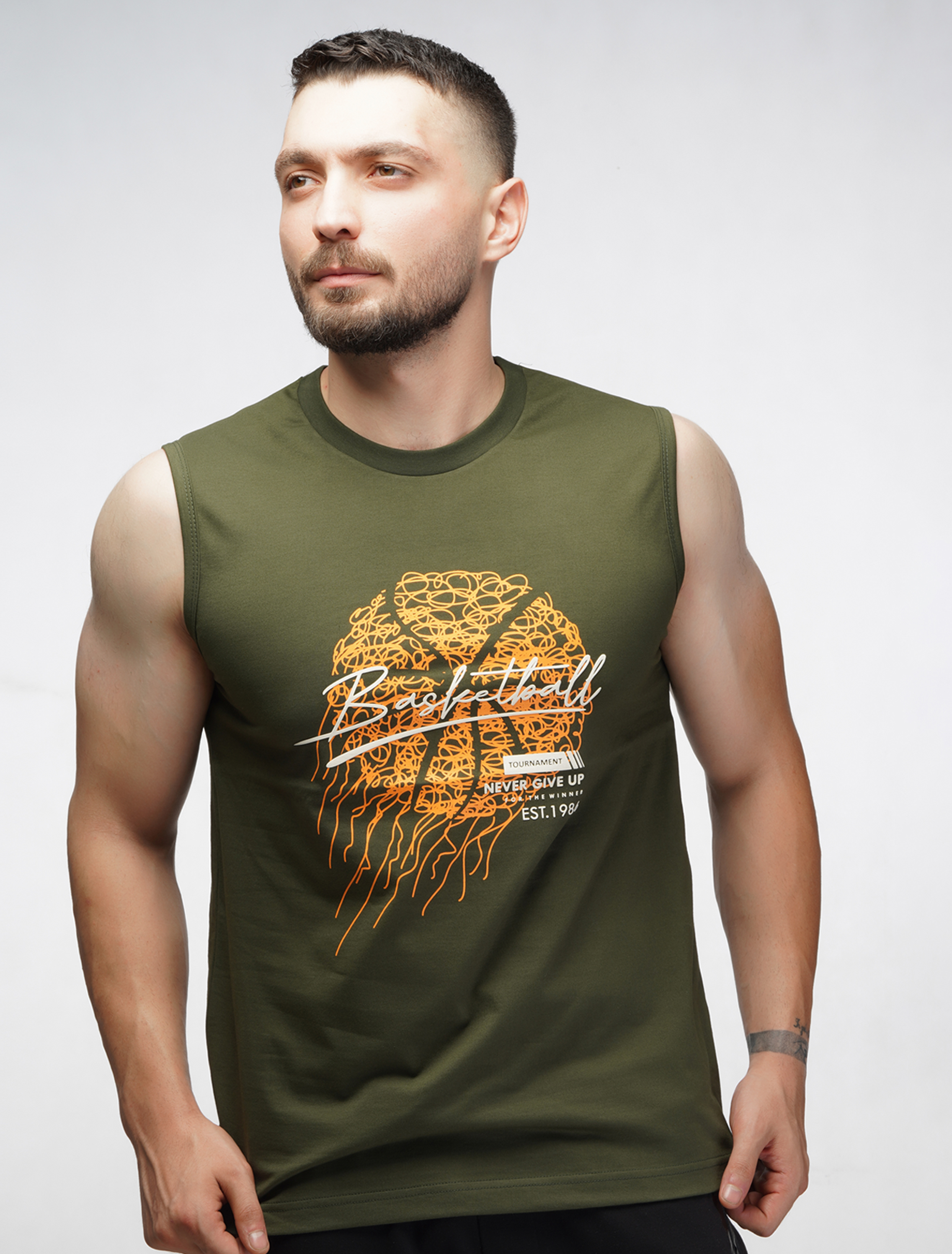 تیشرت حلقه ای مردانه چاپ بسکتبال سبزتیره