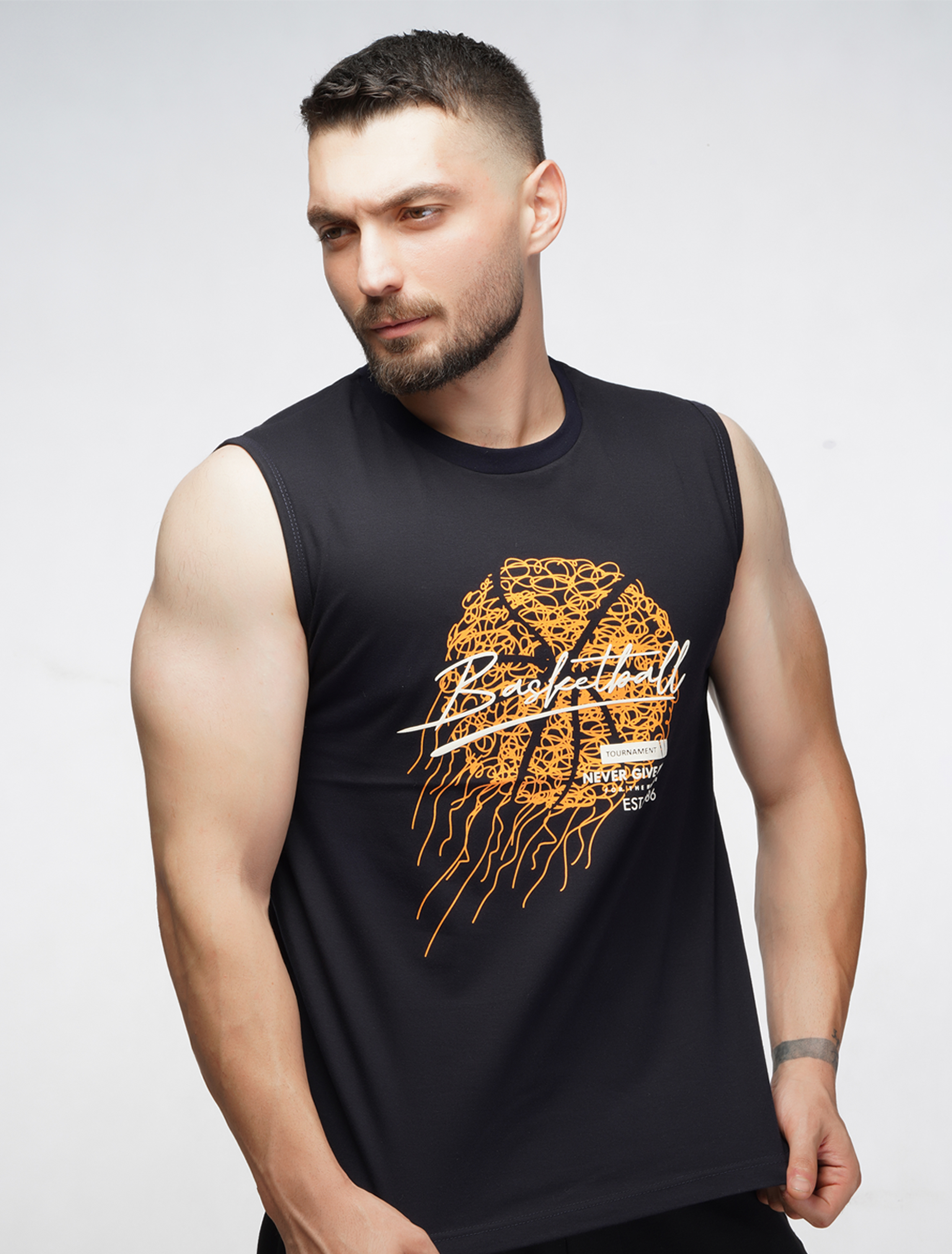 تیشرت حلقه ای مردانه چاپ بسکتبال سرمه ای