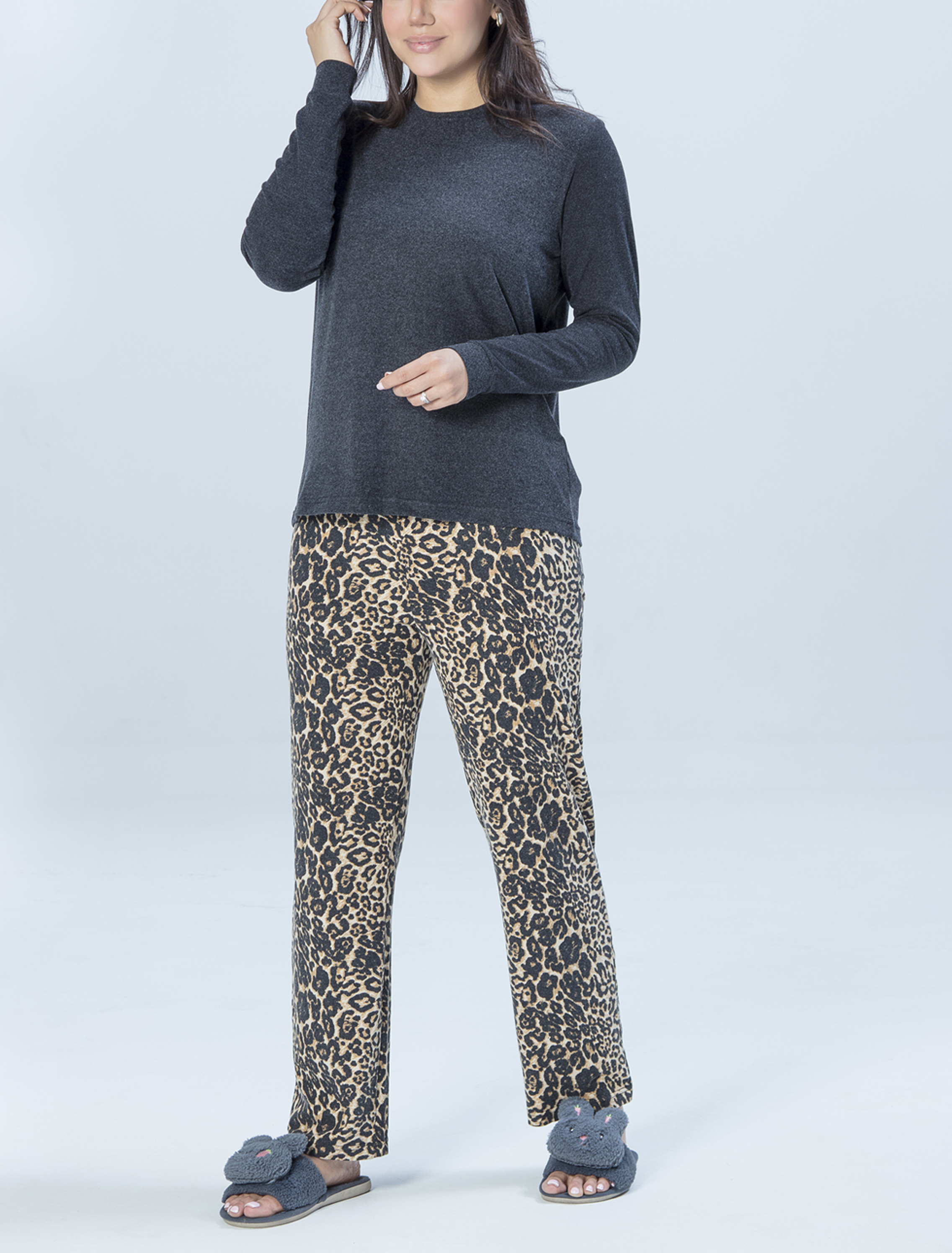 ست زنانه بلوز ذغالی و شلوار ملانژ پلنگی