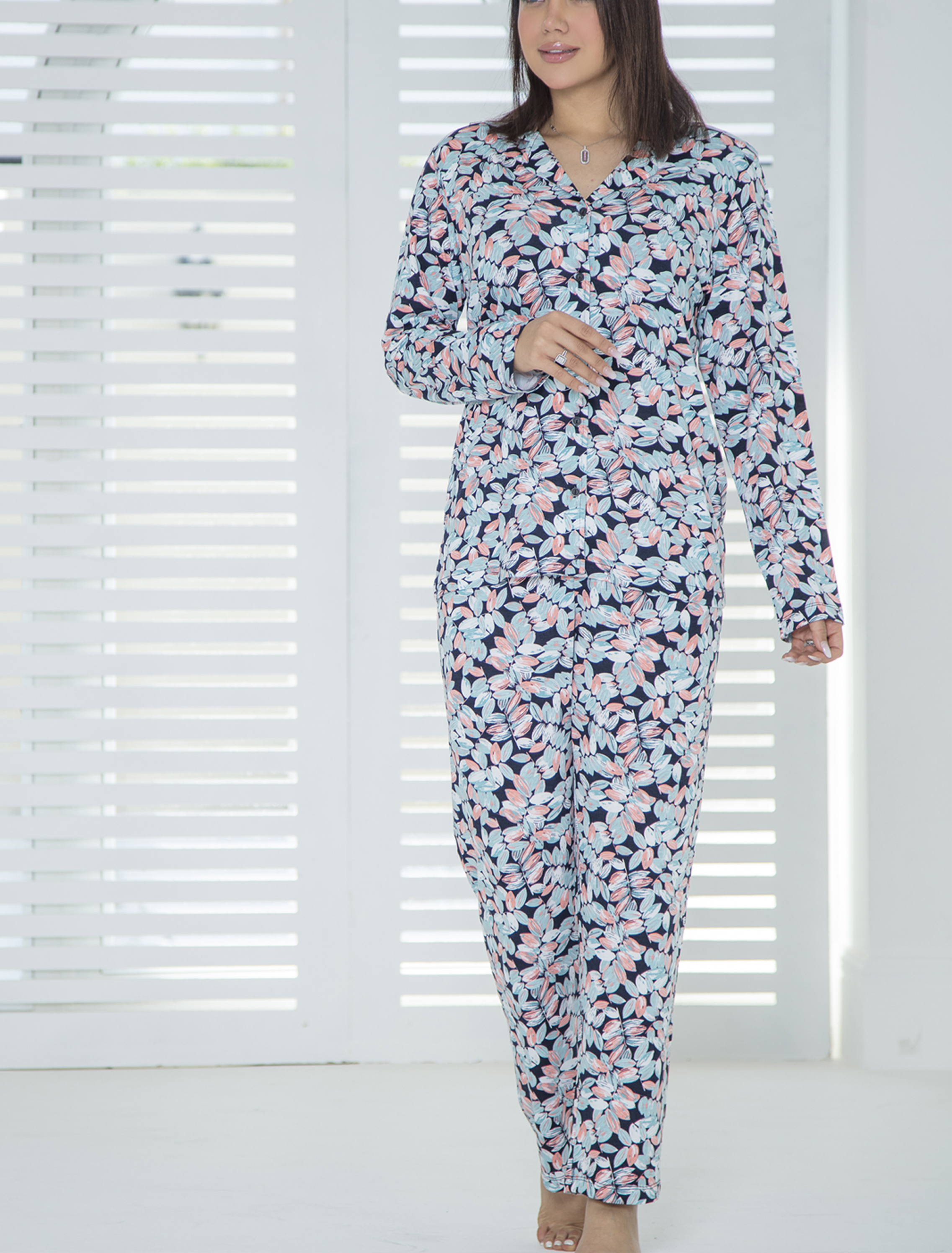 ست زنانه کت و پیژامه طرح گلبرگ آبی