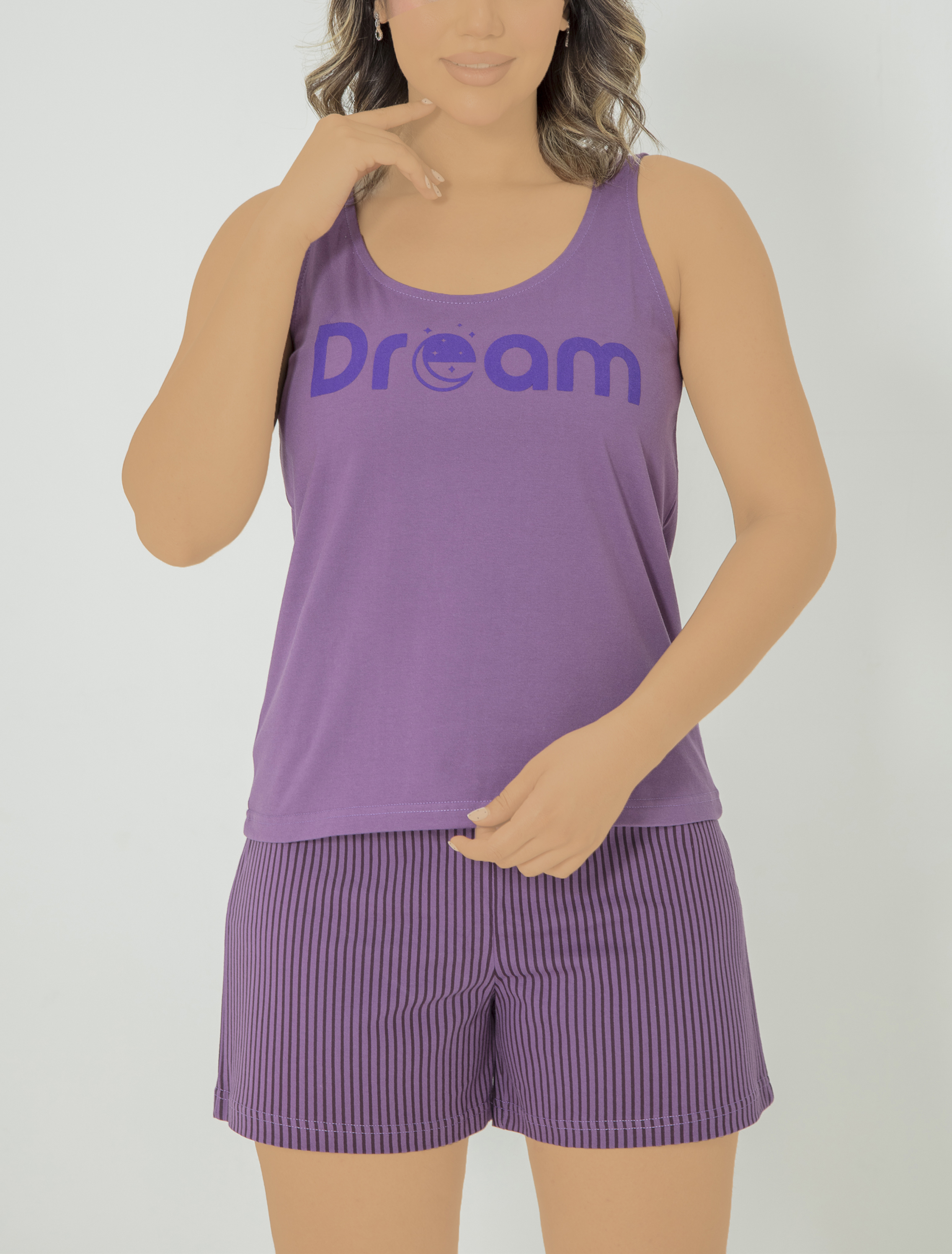 ست زنانه رکابی طرح اسپرت DREAM  و شورتک راه راه بنفش