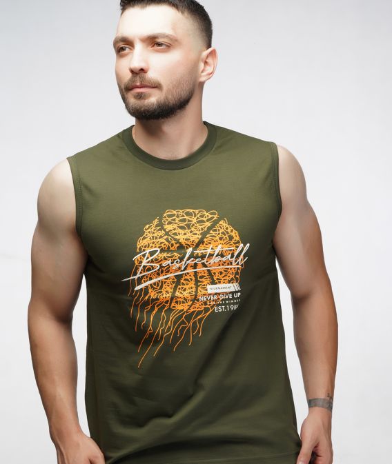 تیشرت حلقه ای مردانه چاپ بسکتبال سبزتیره