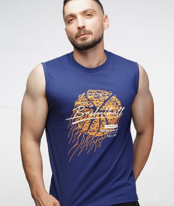 تیشرت حلقه ای مردانه چاپ بسکتبال آبی نفتی