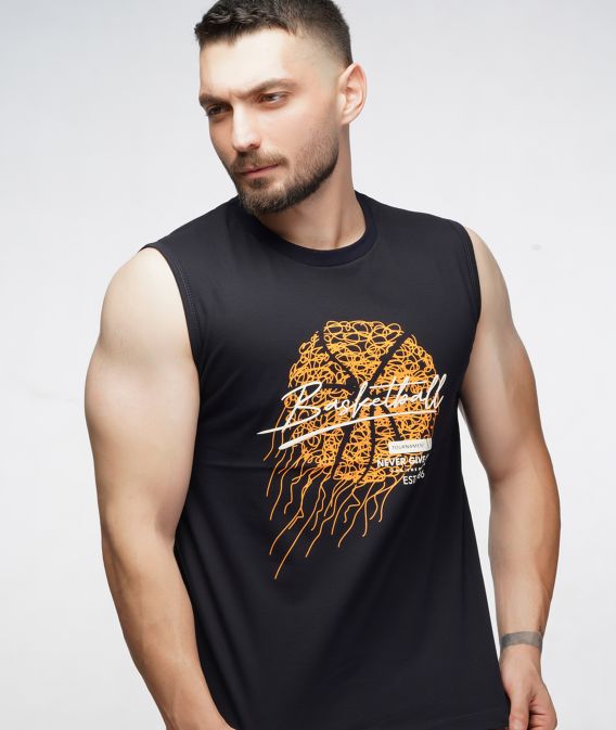 تیشرت حلقه ای مردانه چاپ بسکتبال سرمه ای