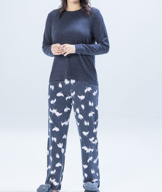 ست زنانه بلوز سرمه ای و شلوار گل لاله 