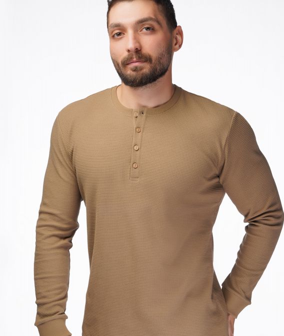 بلوز مردانه آستین بلند یقه گرد4 دکمه بیسکوئیتی رنگی