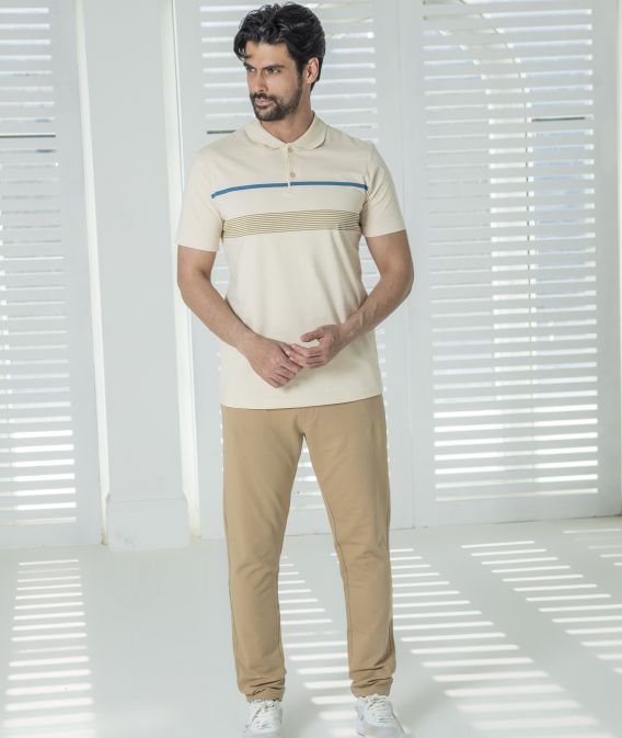 ست مردانه پولوشرت یقه دو دکمه و شلوار کرم بژ