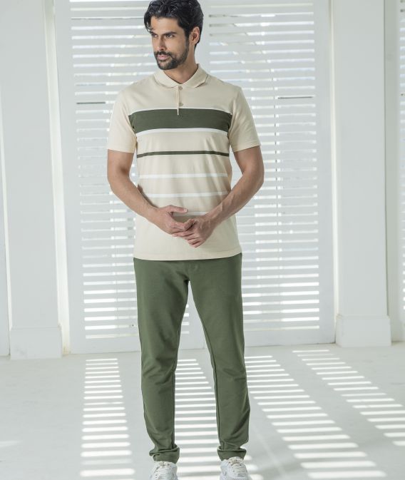 ست مردانه پولوشرت یقه دو دکمه و شلوار زیتونی