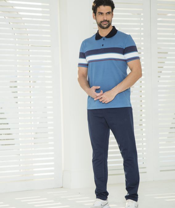 ست مردانه پولوشرت یقه دو دکمه و شلوار آبی سرمه ای