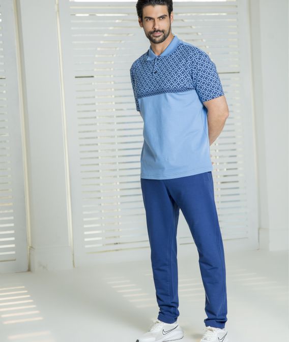 ست مردانه پولوشرت یقه دو دکمه و شلوار آبی رویال