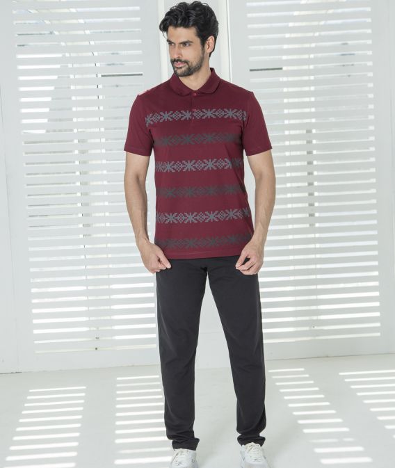 ست مردانه پولوشرت یقه دو دکمه و شلوار زرشکی