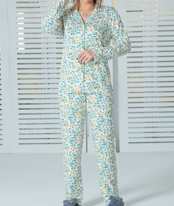 ست زنانه کت و پیژامه طرحدار شیری شکوفه فیروزه