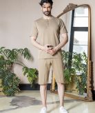 ست مردانه تیشرت یقه چهاردکمه و شلوارک کبریتی تک رنگ