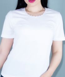 تیشرت نیم آستین زنانه یقه گیپور ساده _ سفید